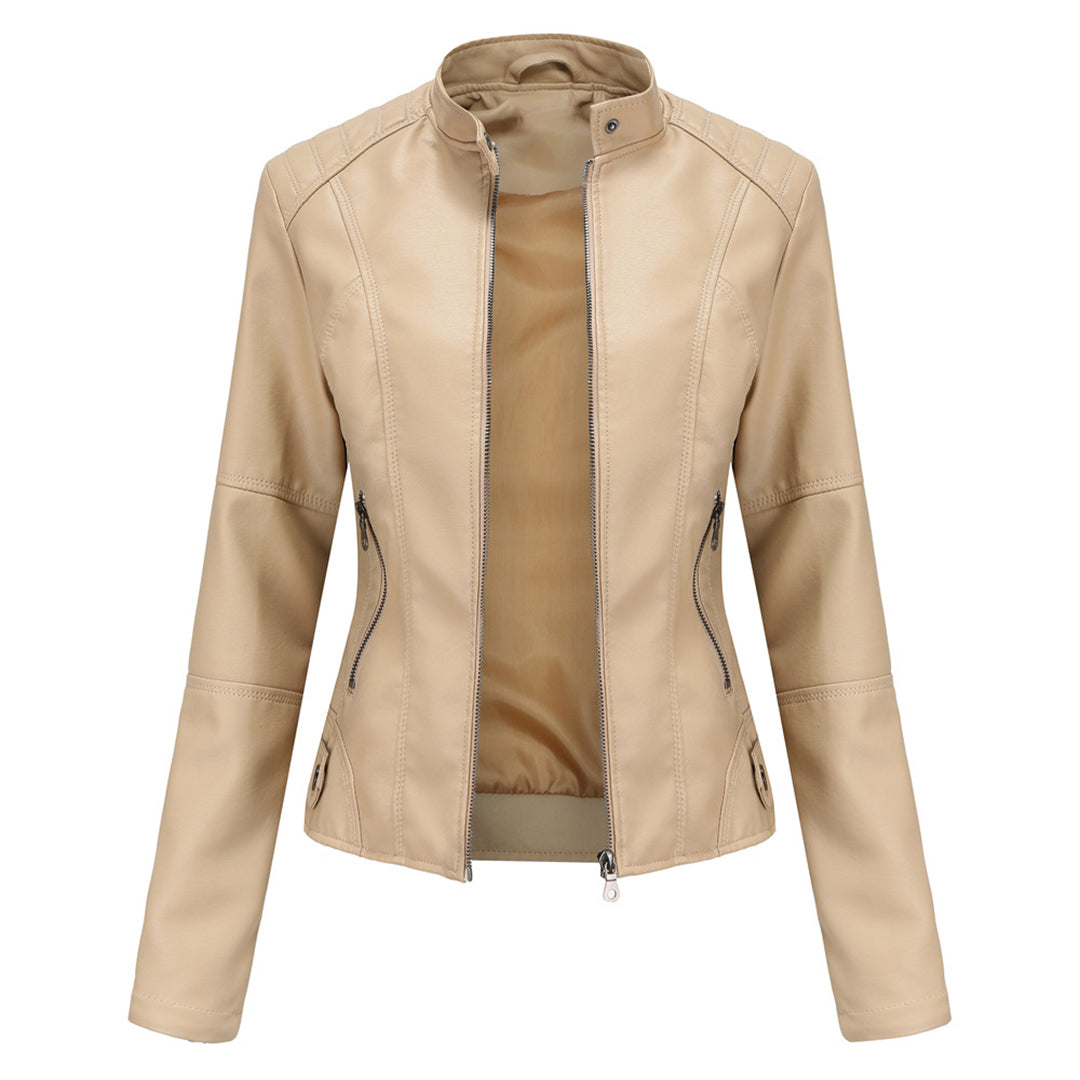 Woman wearing a vintage-style faux leather jacket