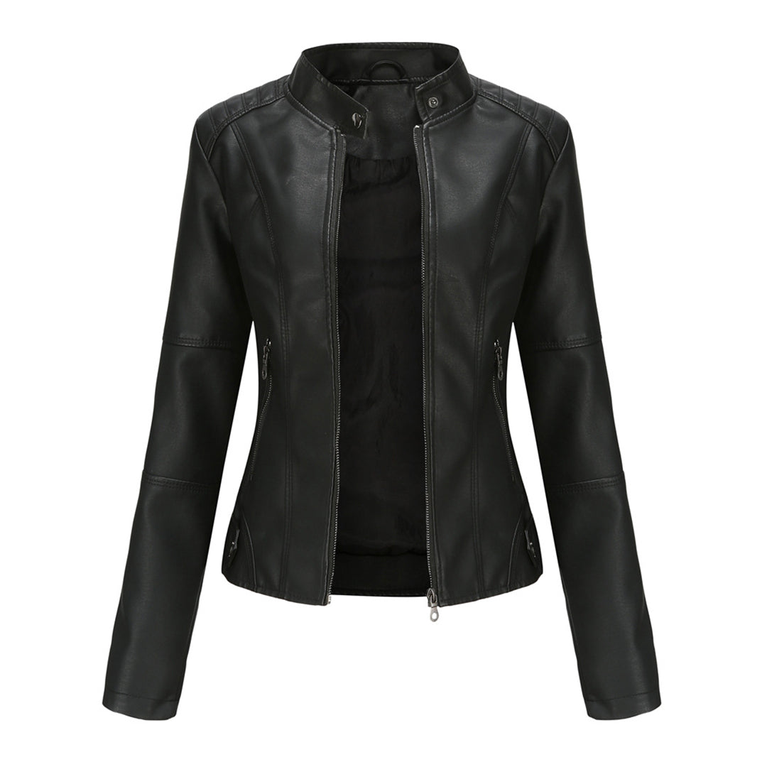 Woman wearing a vintage-style faux leather jacket