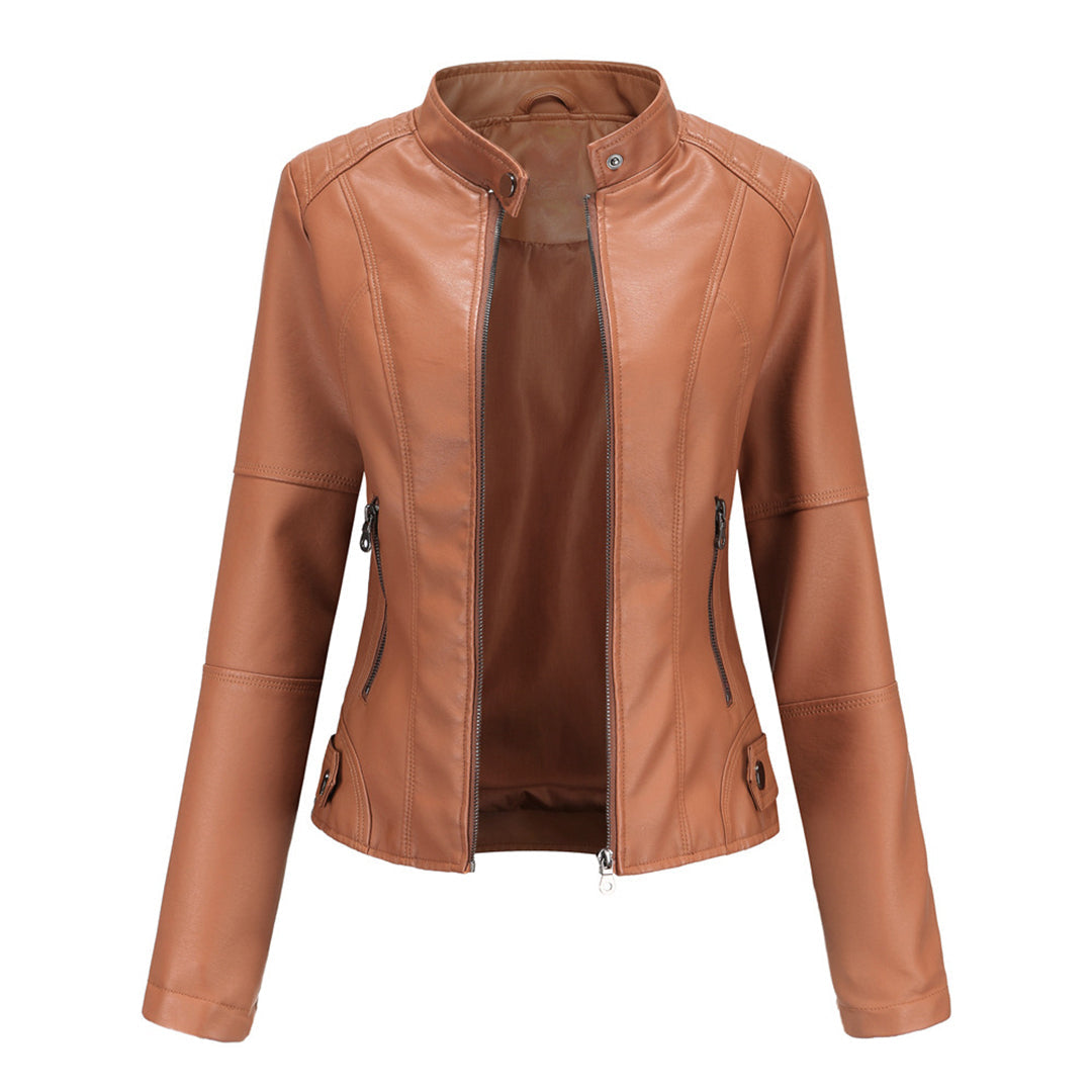 Woman wearing a vintage-style faux leather jacket