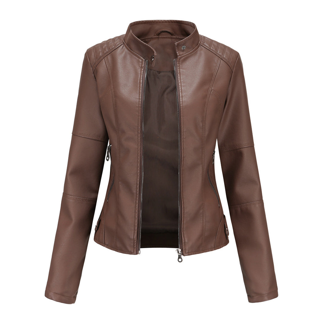 Woman wearing a vintage-style faux leather jacket
