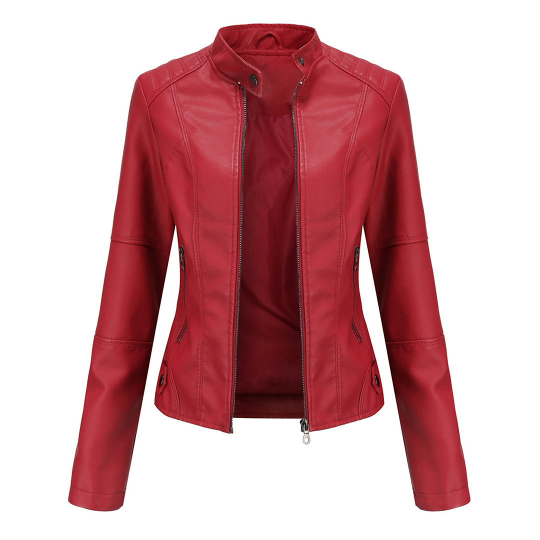 Woman wearing a vintage-style faux leather jacket