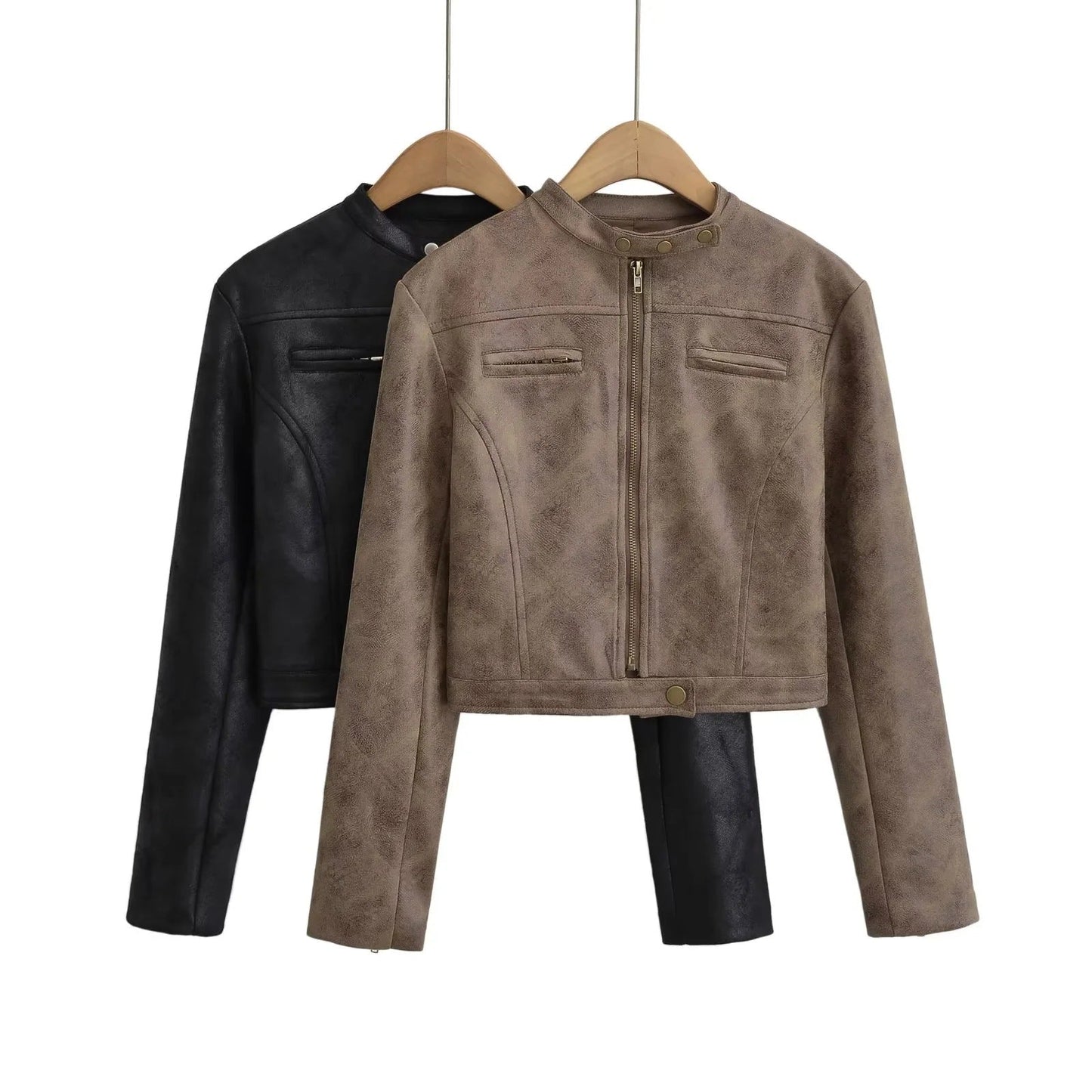 Woman wearing a cropped faux leather jacket