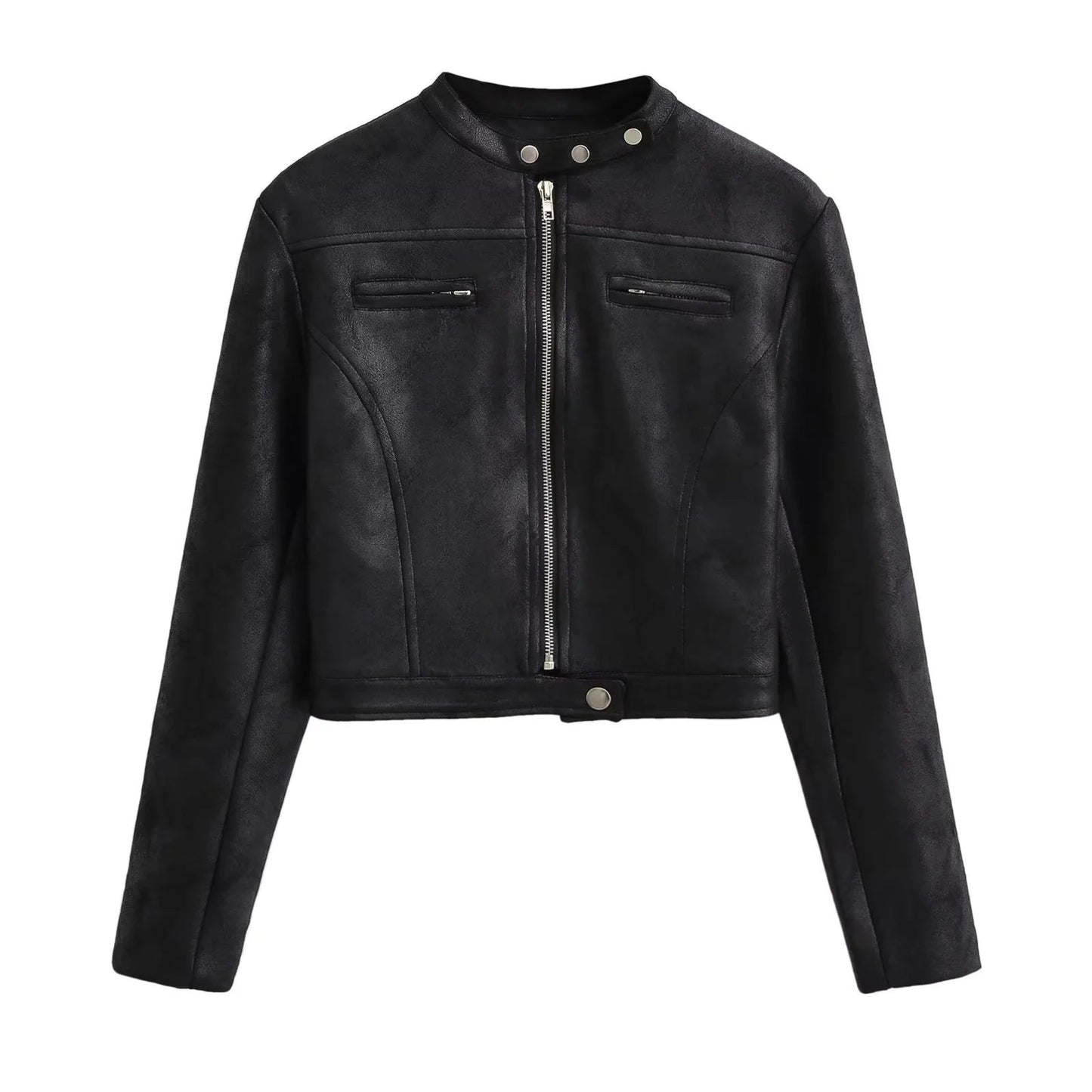 Woman wearing a cropped faux leather jacket