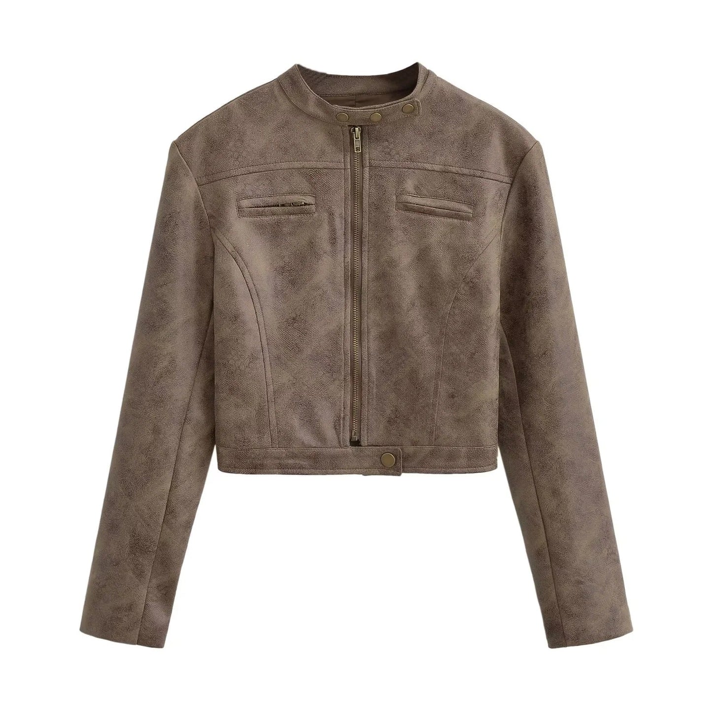 Woman wearing a cropped faux leather jacket