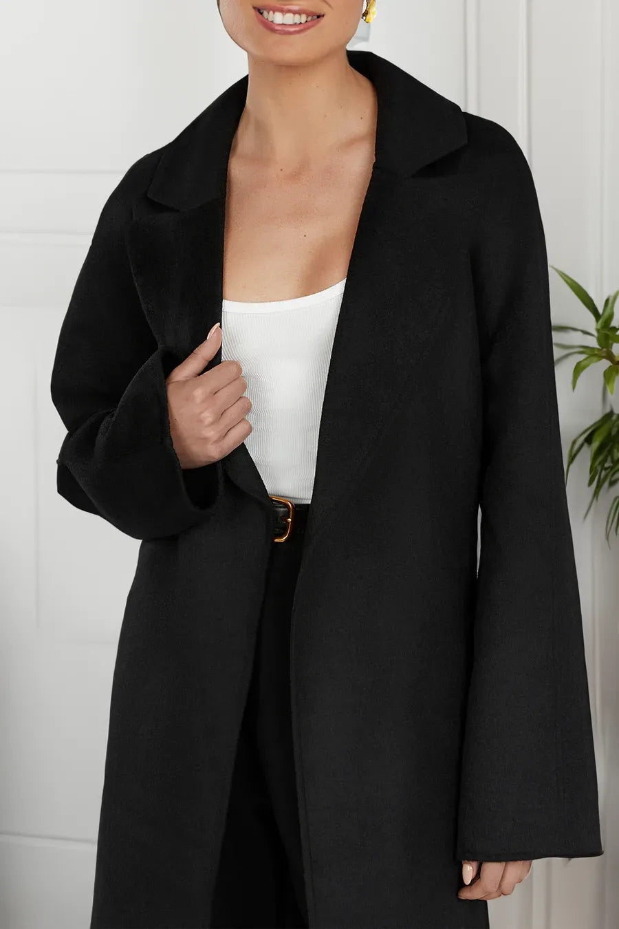 Belted Long Trench Coat for women, detail view.