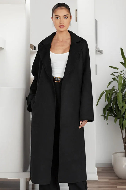 Black belted long trench coat for women.