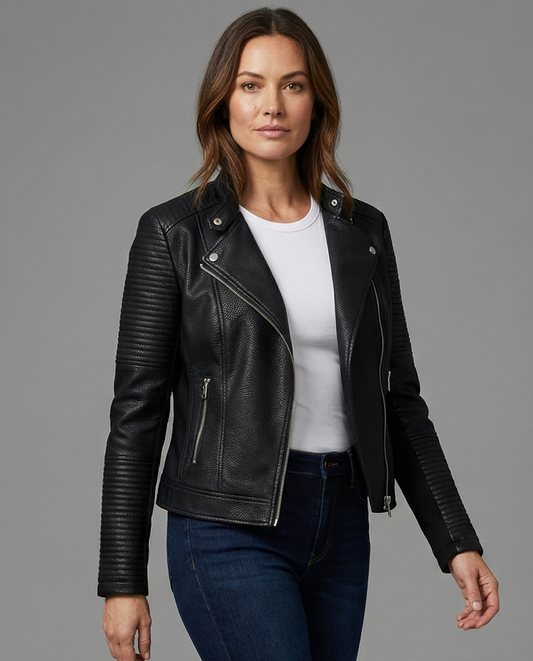 Woman wearing a tailored black faux leather jacket