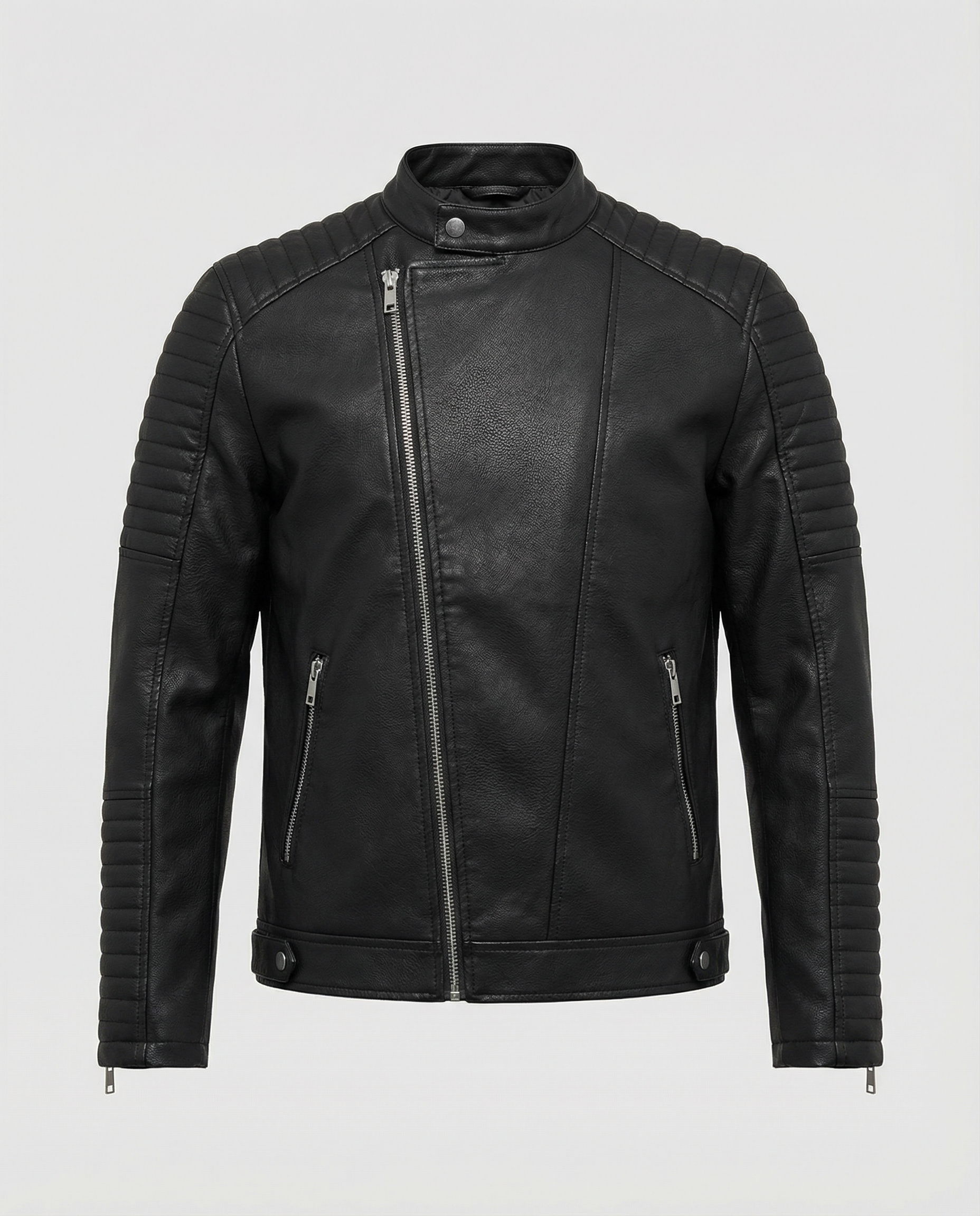 Woman wearing a tailored black faux leather jacket