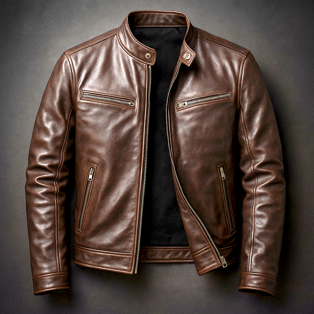 Man wearing a heritage moto leather jacket