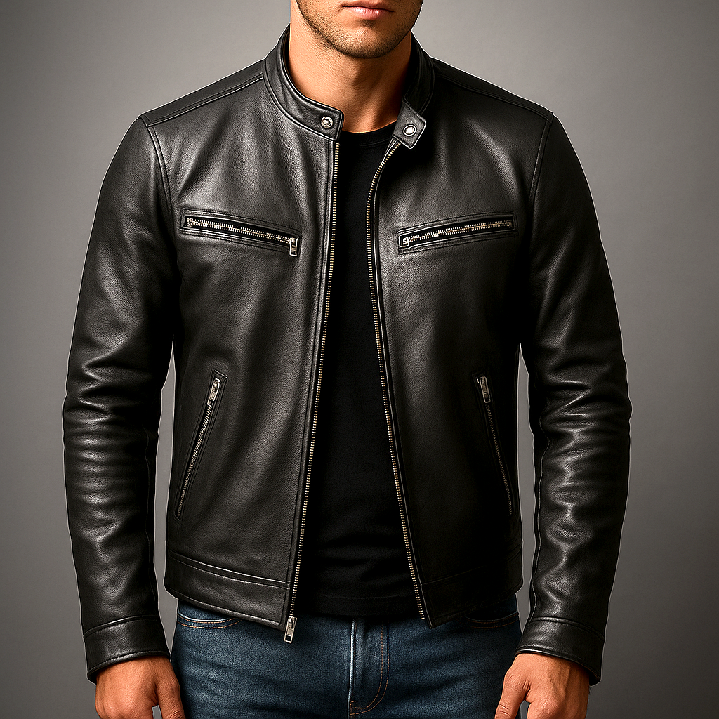 Man wearing a heritage moto leather jacket