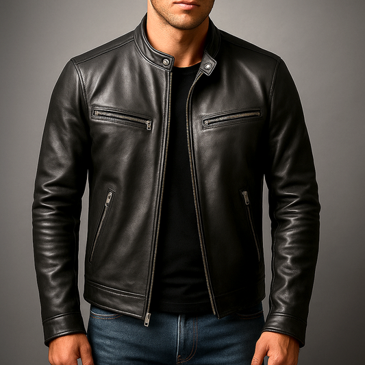 Man wearing a heritage moto leather jacket