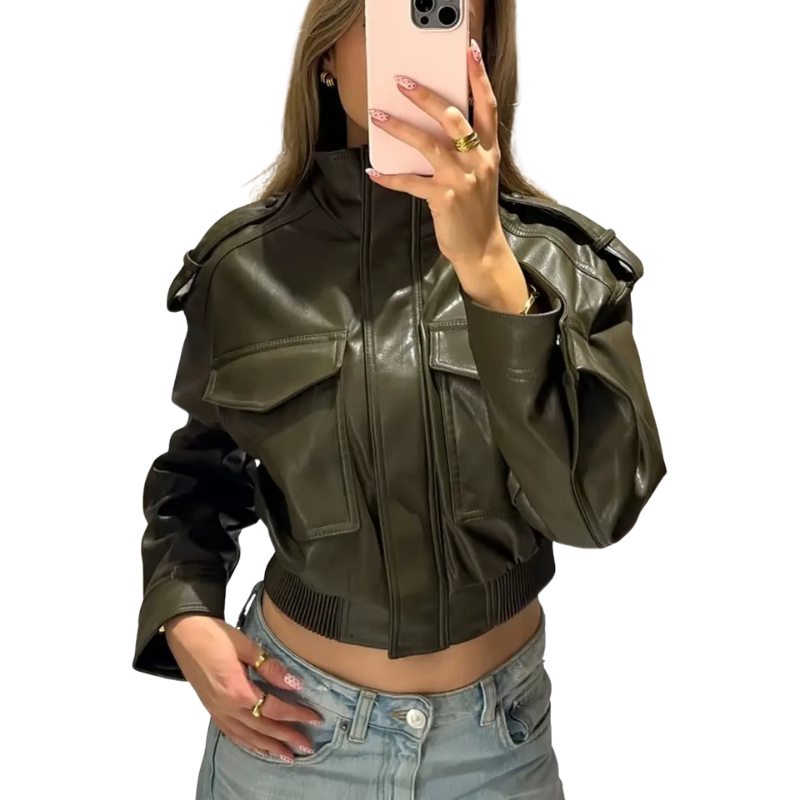 Women's cropped faux leather moto jacket with stand collar