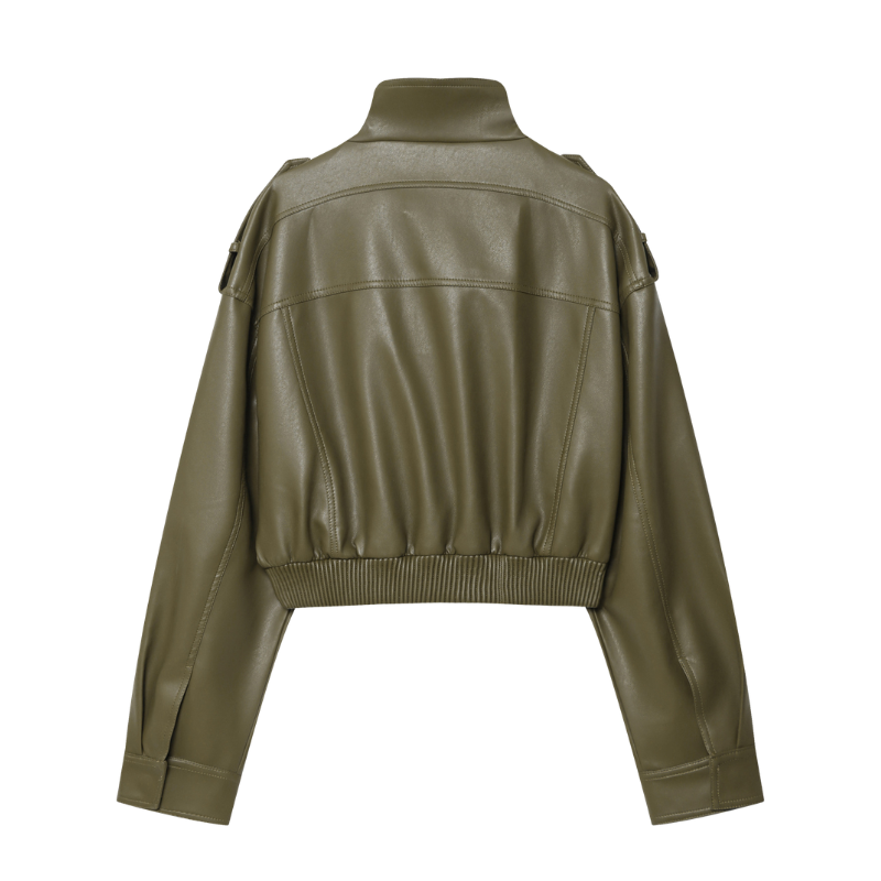Women's cropped faux leather moto jacket with stand collar