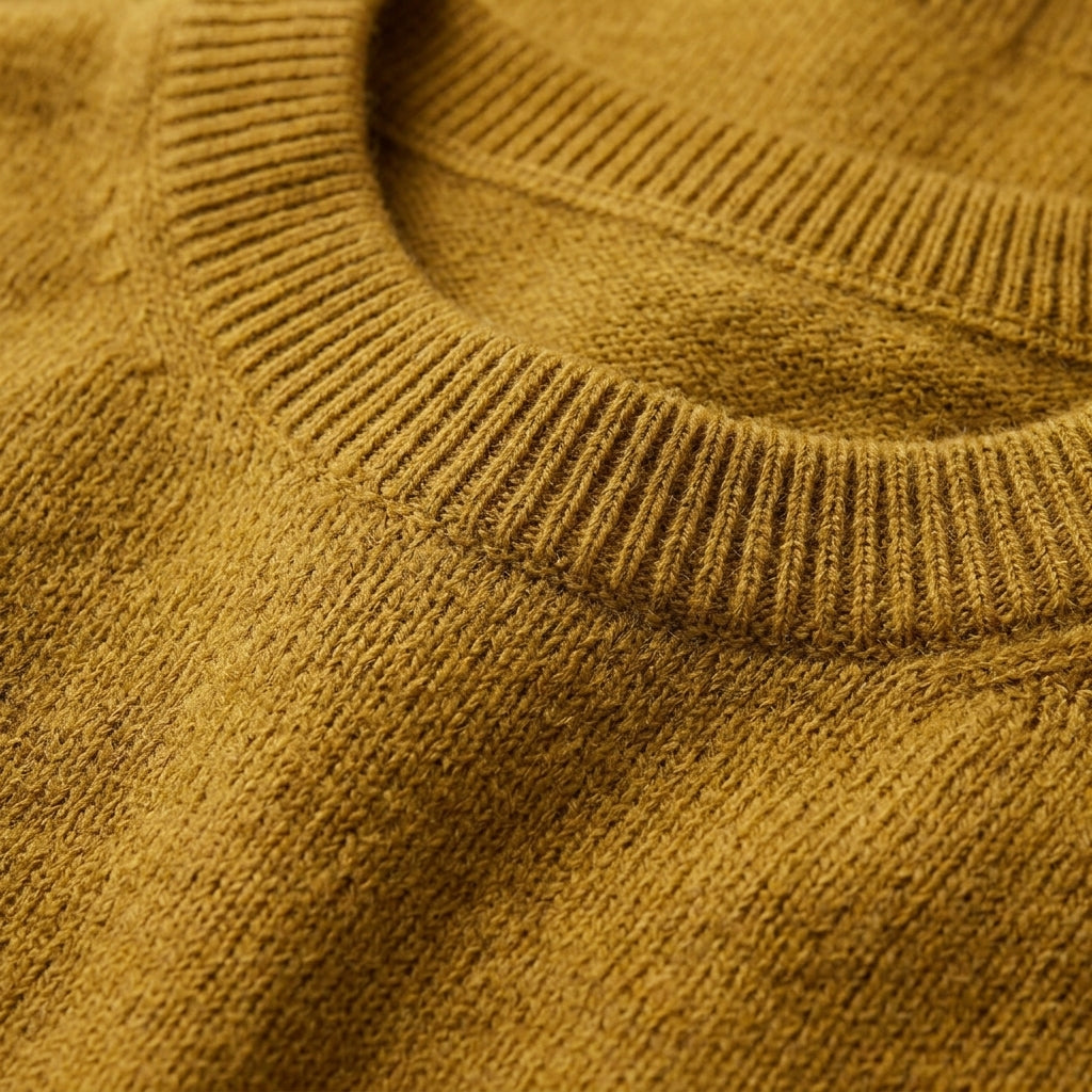 Man wearing a soft crewneck cashmere blend knit sweater over a collared shirt