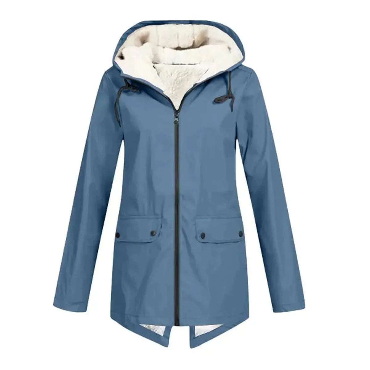 Blue fleece lined hooded trench coat for women.