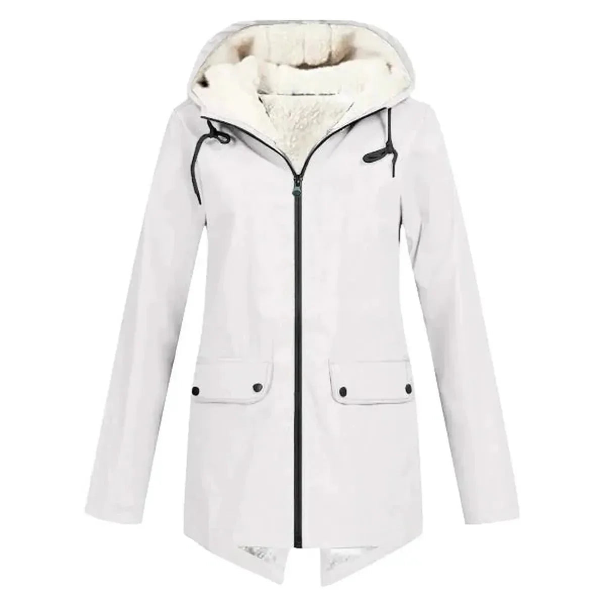 White fleece lined hooded trench coat for women.