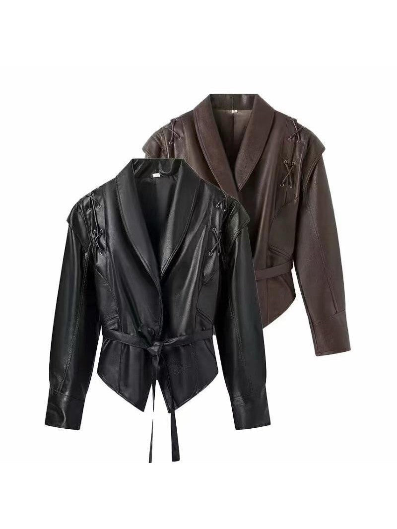 Woman wearing a faux leather blazer jacket