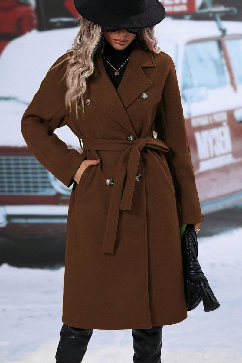 Brown double breasted trench coat for women.