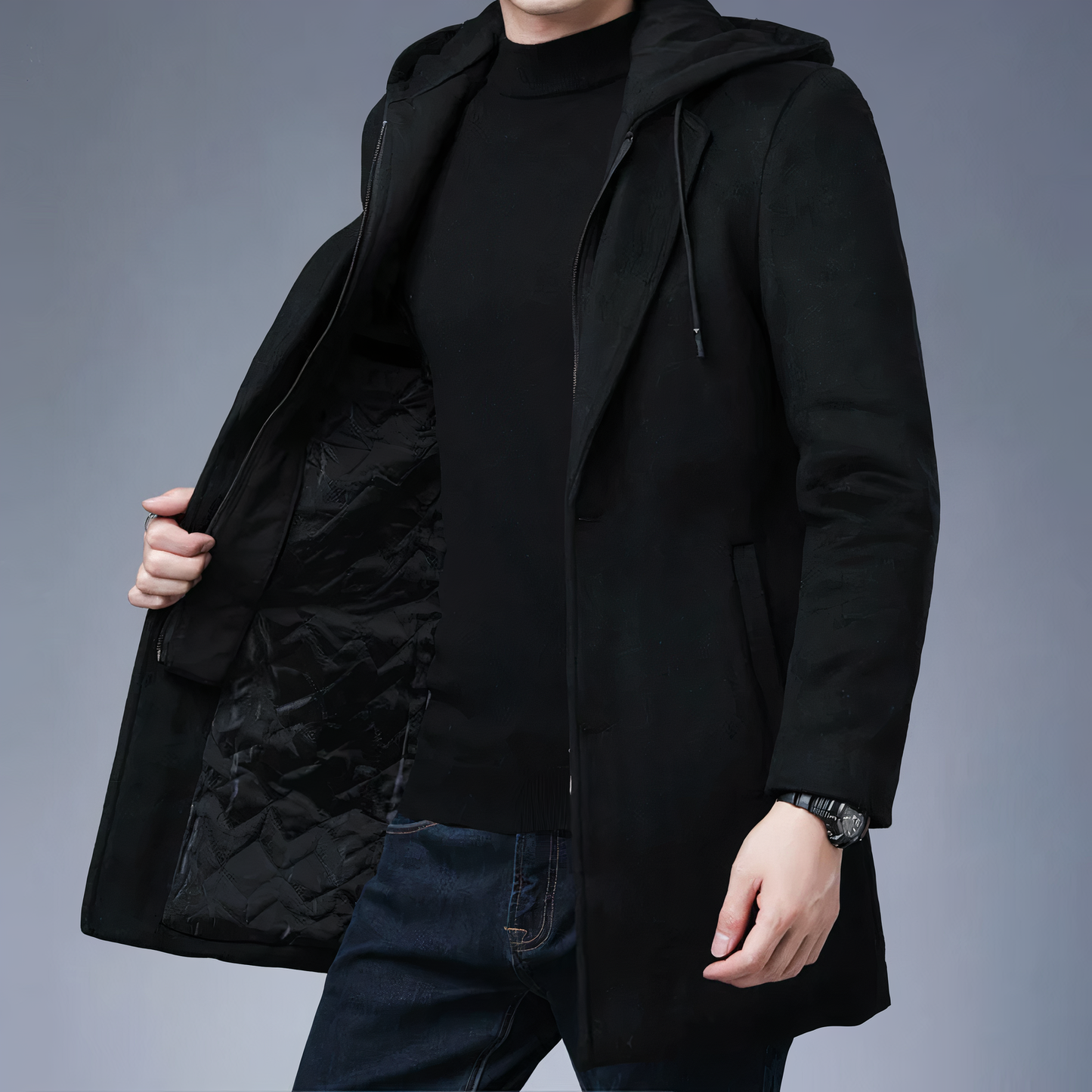 Hooded Trench Coat for men, detail view.