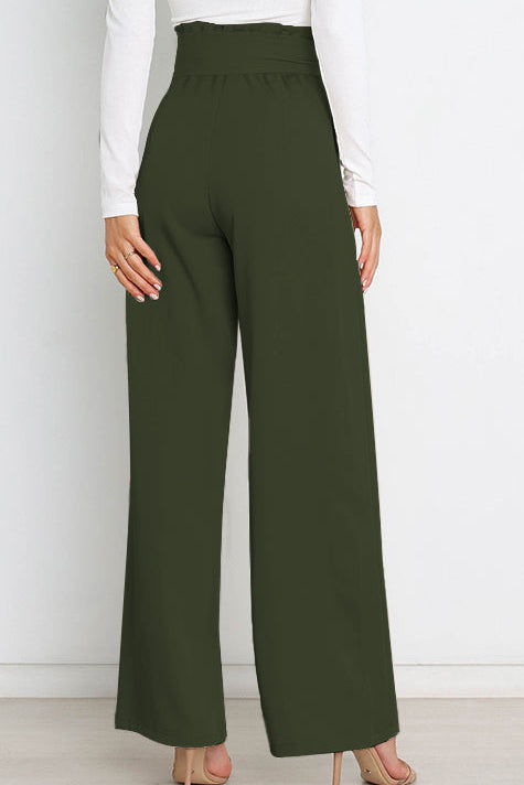 Woman wearing paperbag waist wide leg pants