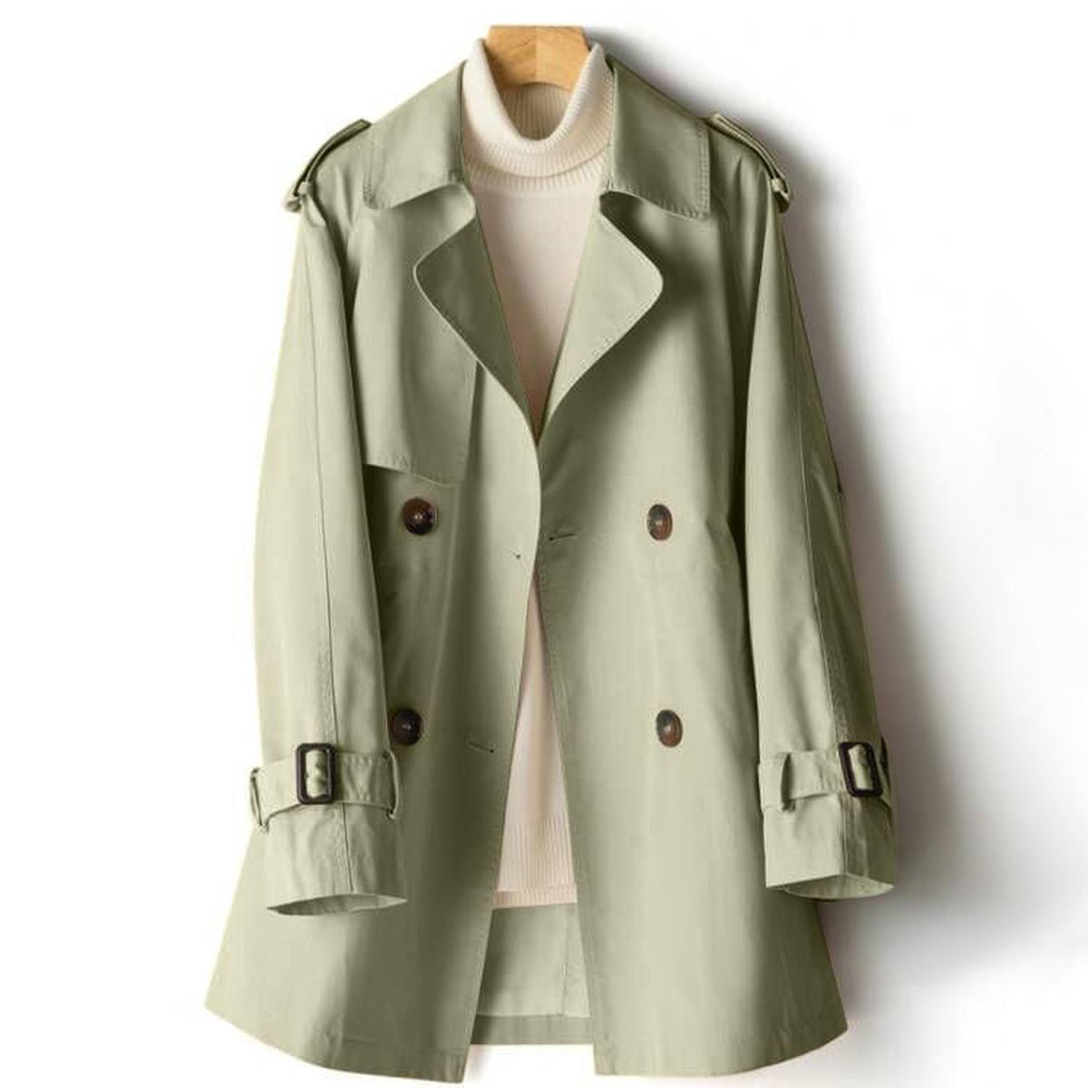Green notch lapel trench coat for women.