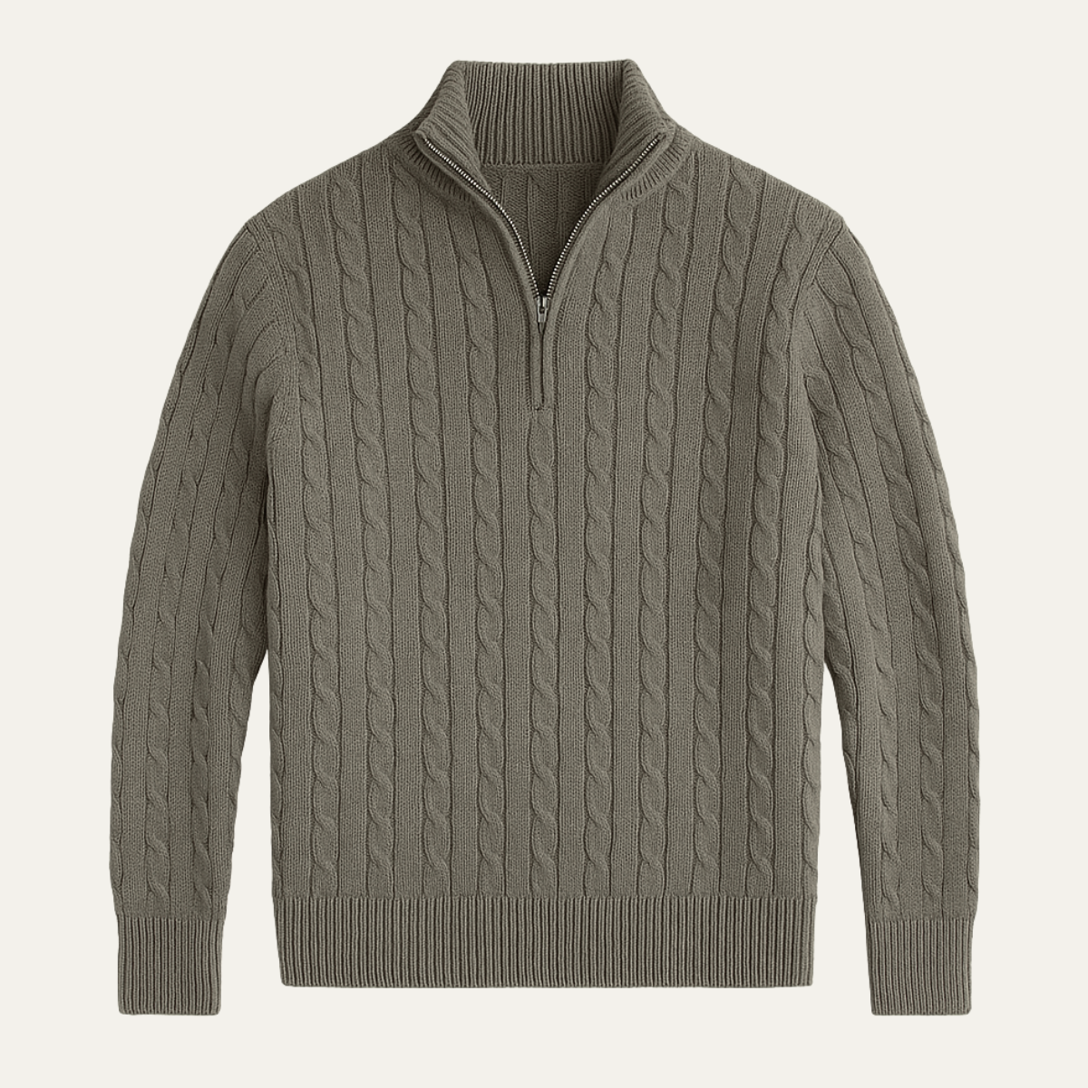 Man wearing a cable knit quarter zip sweater