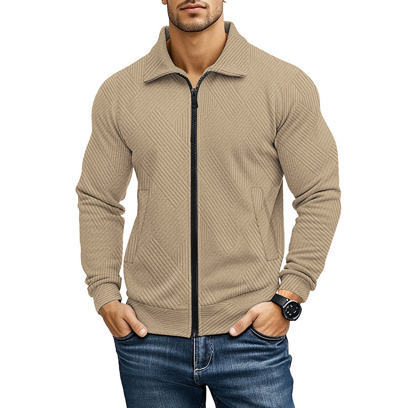 Man wearing a men's textured full zip vest with collar and geometric knit pattern