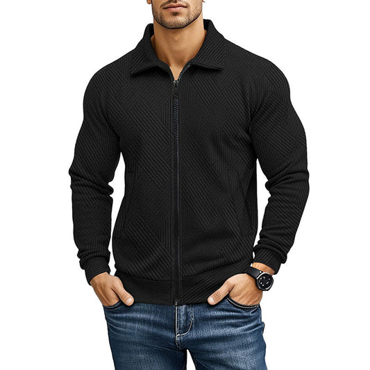 Man wearing a men's textured full zip vest with collar and geometric knit pattern