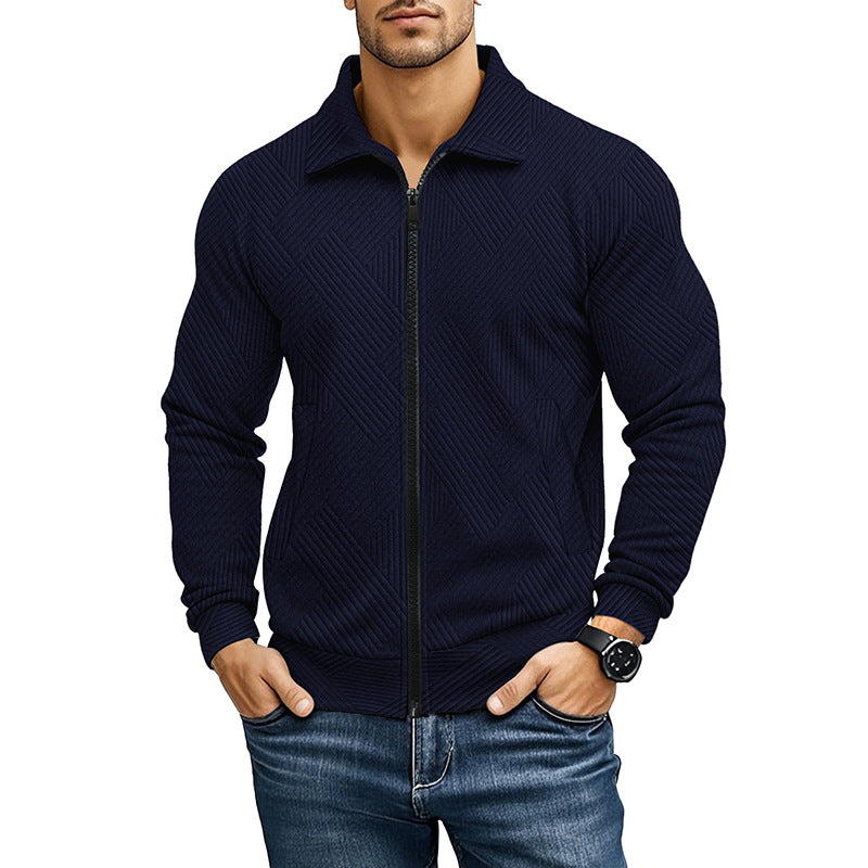 Man wearing a men's textured full zip vest with collar and geometric knit pattern