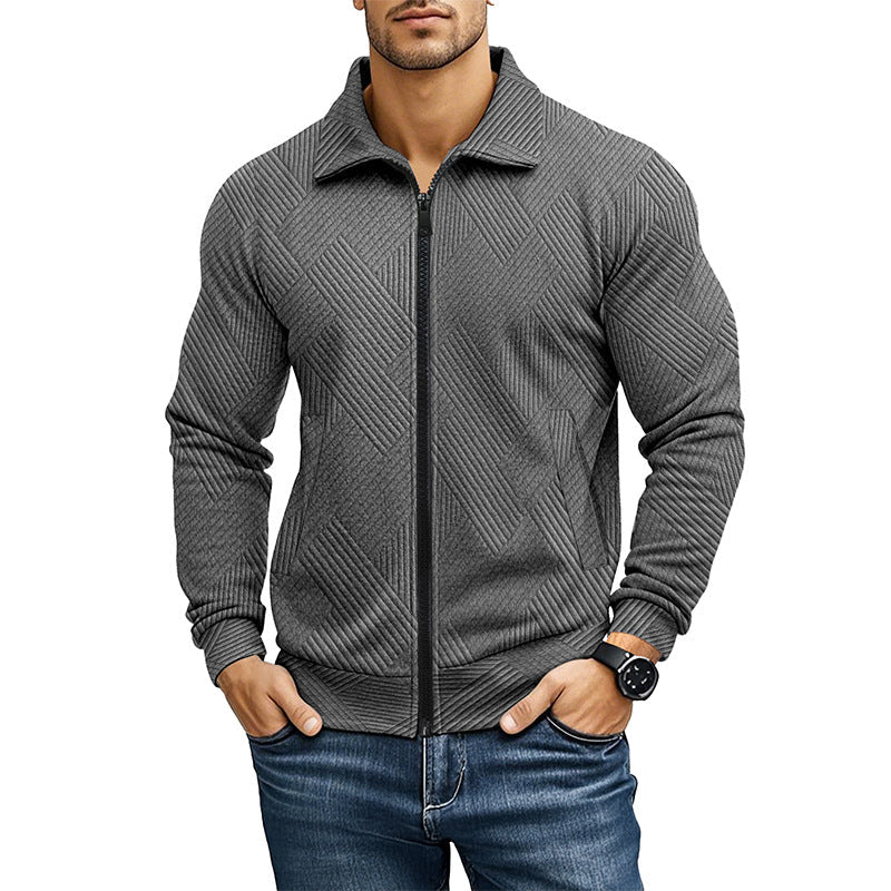 Man wearing a men's textured full zip vest with collar and geometric knit pattern
