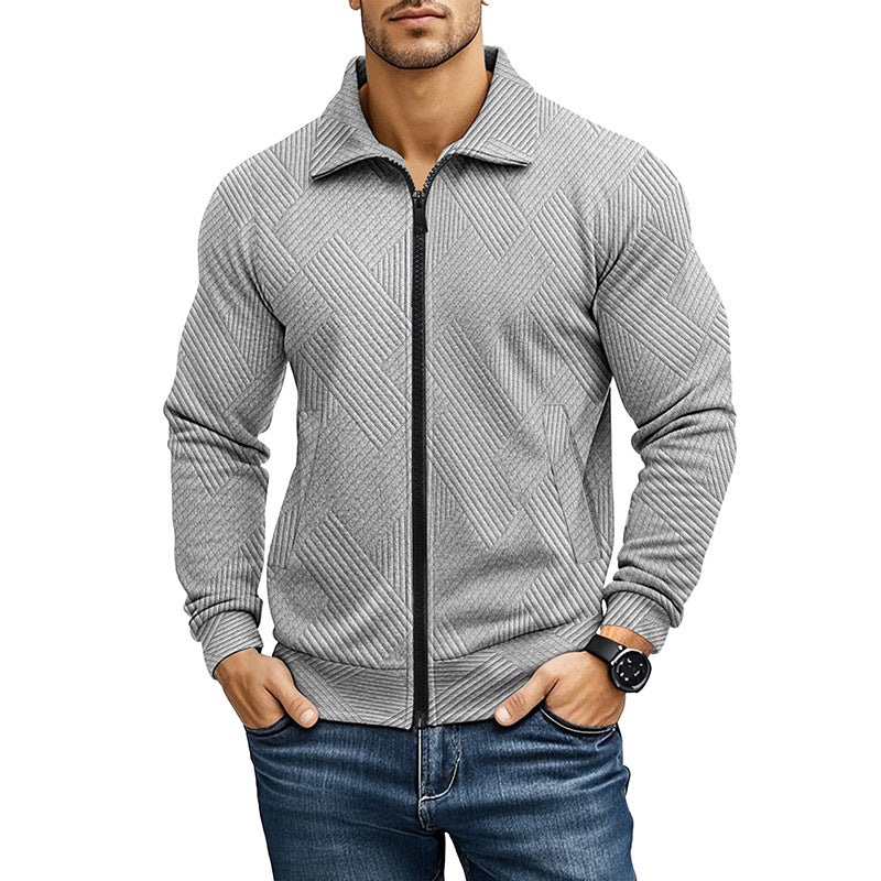 Man wearing a men's textured full zip vest with collar and geometric knit pattern
