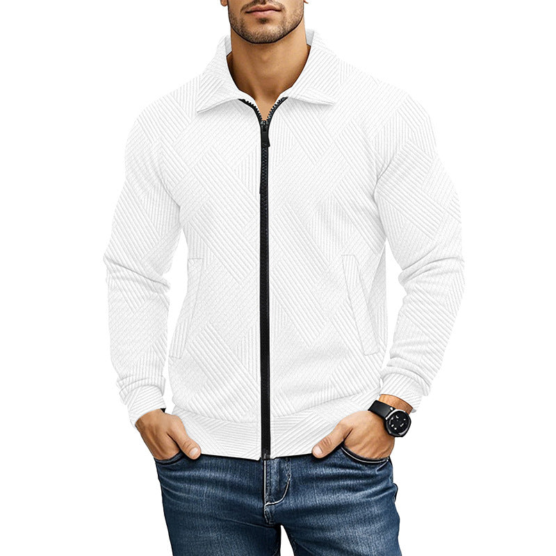 Man wearing a men's textured full zip vest with collar and geometric knit pattern