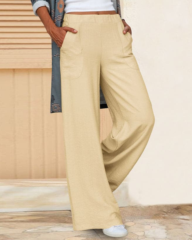 Woman wearing black wide leg pants