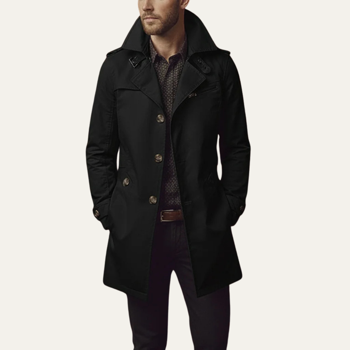 Black single breasted trench coat for men.