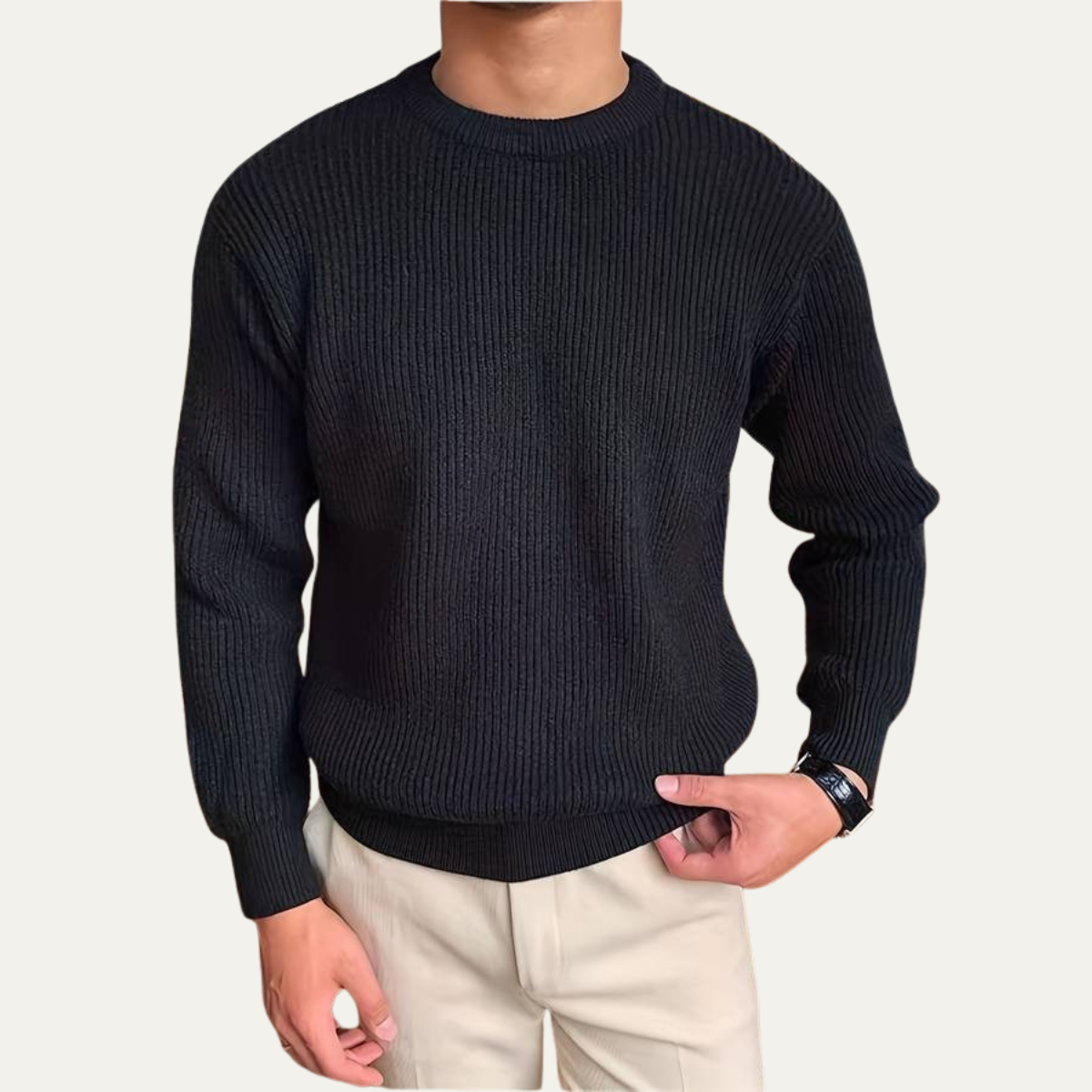 Man wearing a crew neck knit sweater