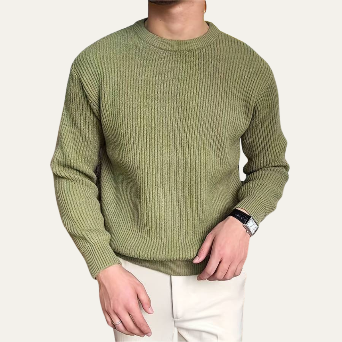 Man wearing a crew neck knit sweater