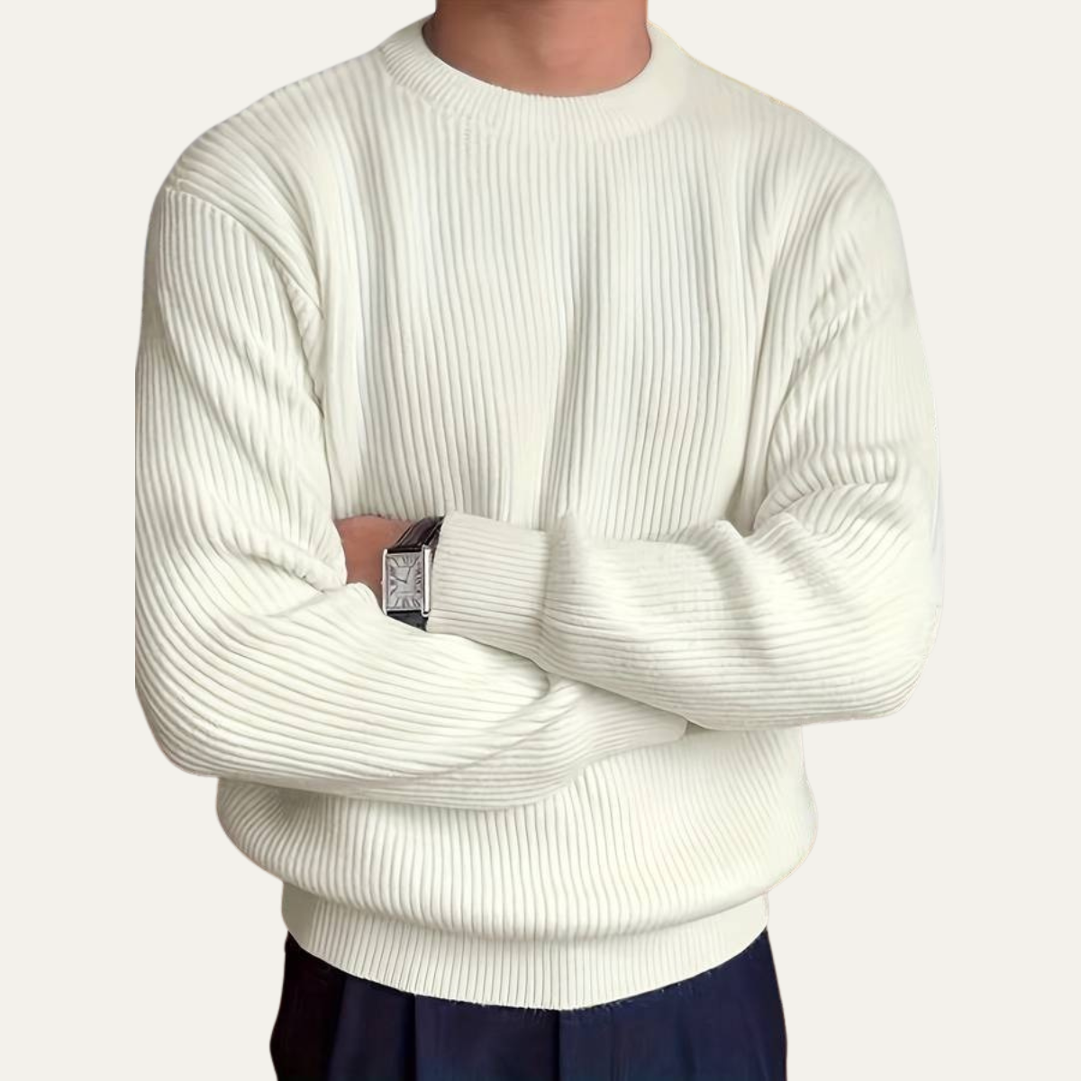 Man wearing a crew neck knit sweater