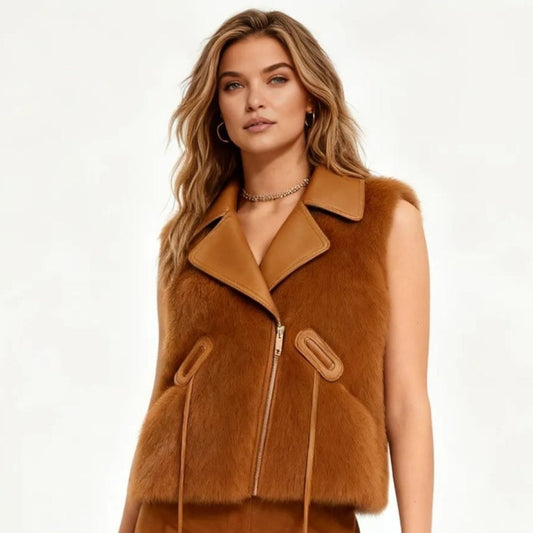 Woman wearing a cropped cognac faux fur vest with a leather look lapel collar