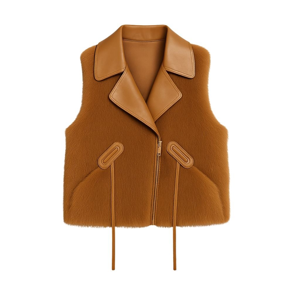 Woman wearing a cropped cognac faux fur vest with a leather look lapel collar