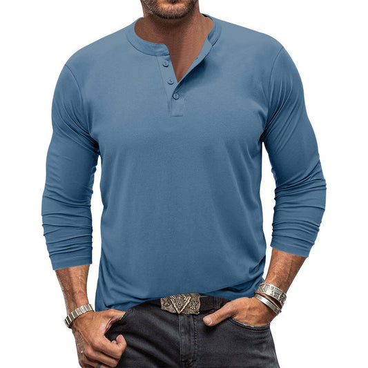 Man wearing a button-placket long sleeve t-shirt