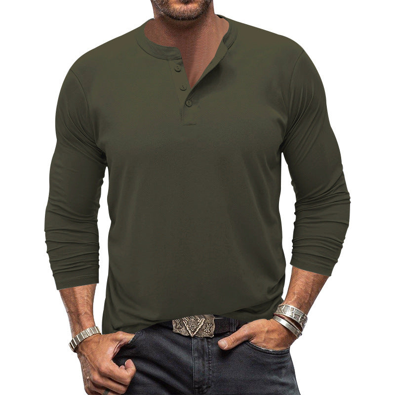 Man wearing a button-placket long sleeve t-shirt