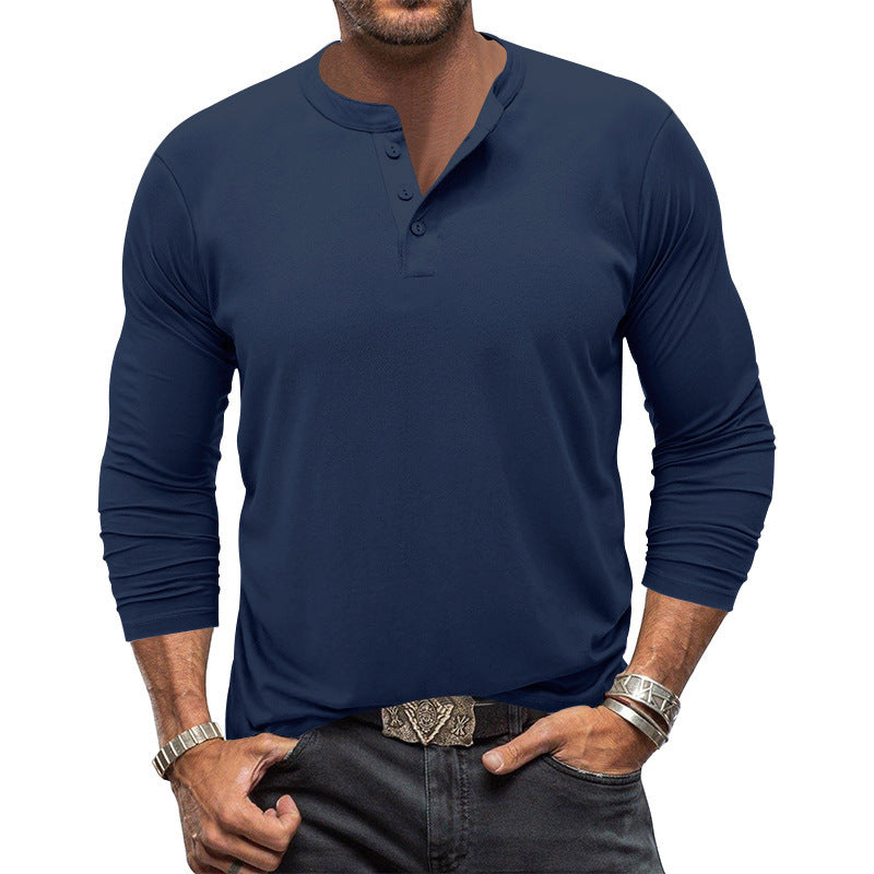 Man wearing a button-placket long sleeve t-shirt