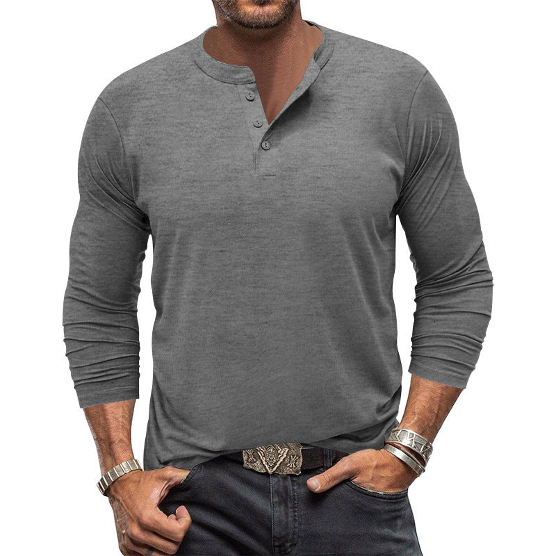 Man wearing a button-placket long sleeve t-shirt
