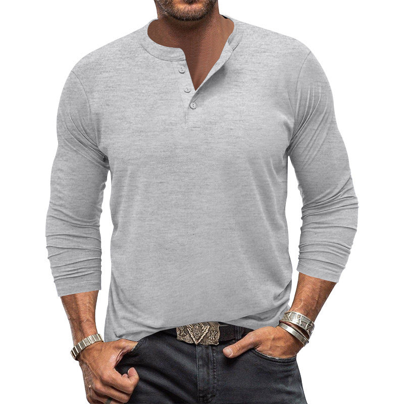 Man wearing a button-placket long sleeve t-shirt