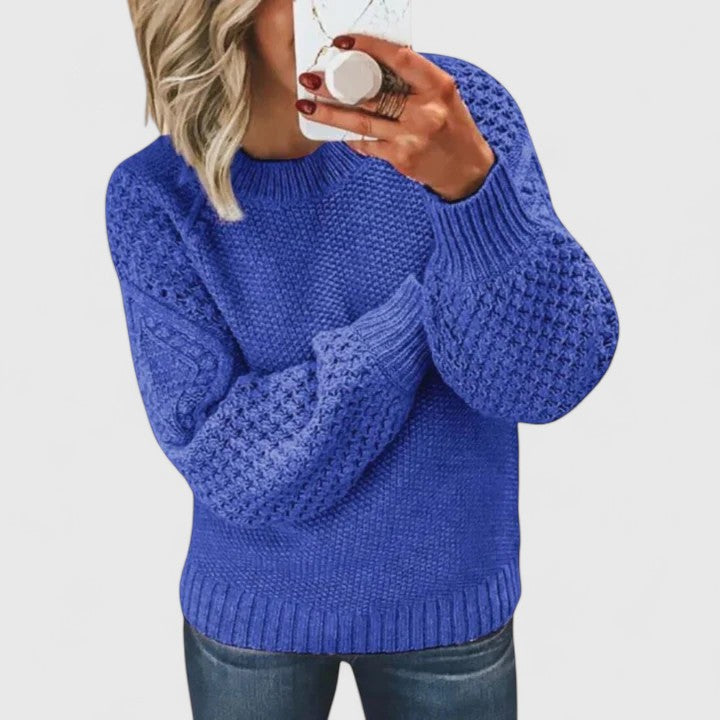 Women's waffle knit mock neck pullover sweater with balloon sleeves