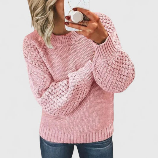 Women's waffle knit mock neck pullover sweater with balloon sleeves