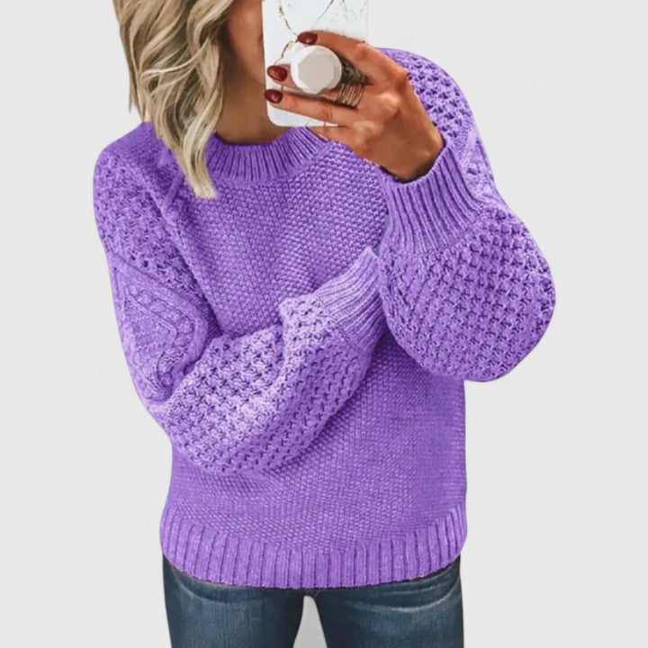 Women's waffle knit mock neck pullover sweater with balloon sleeves