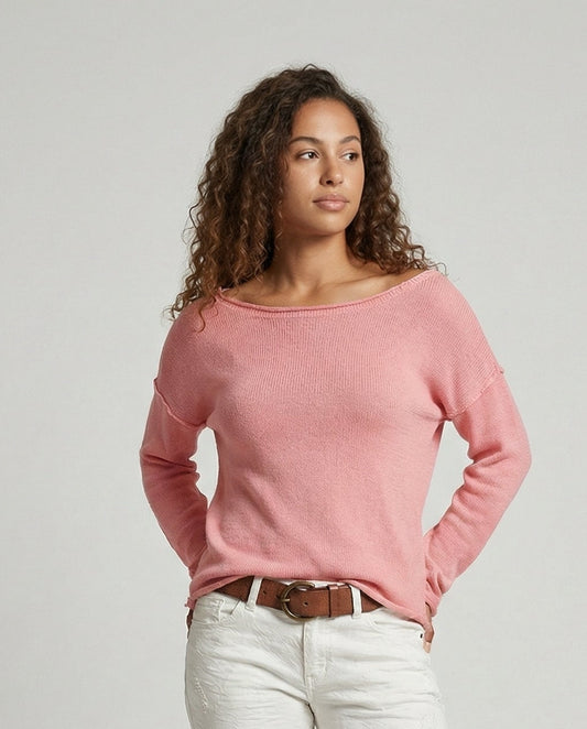 Woman wearing a lightweight long sleeve round neck top