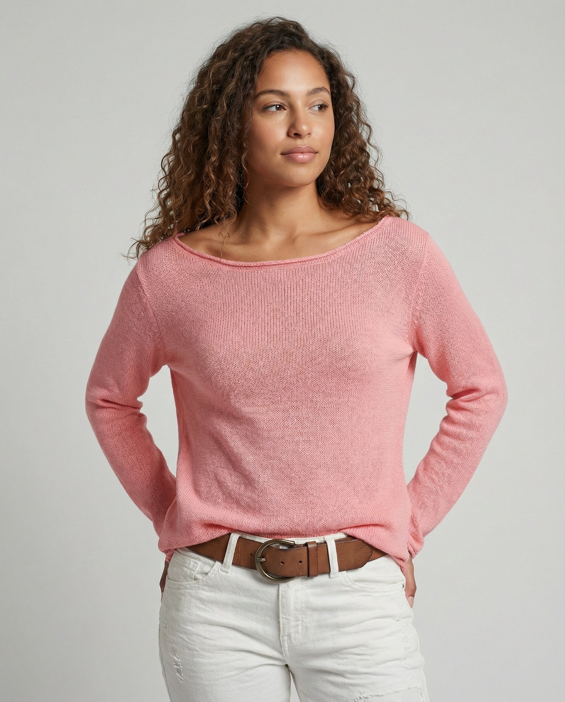 Woman wearing a lightweight long sleeve round neck top