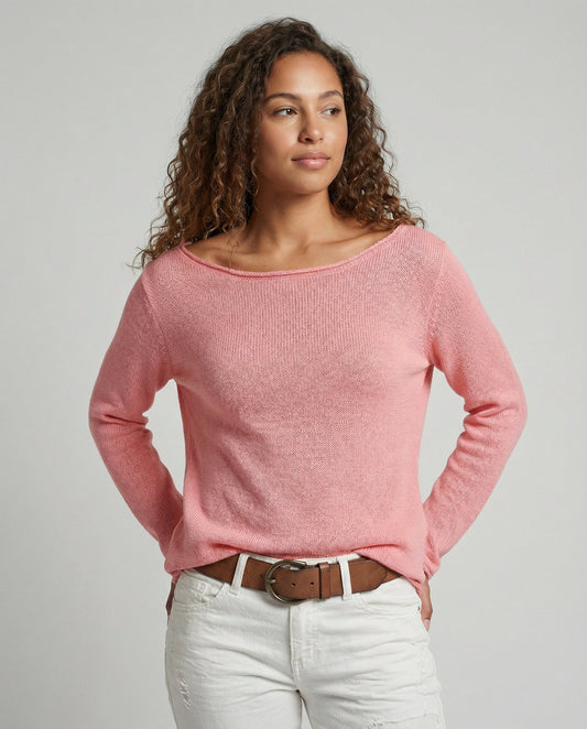 Woman wearing a lightweight long sleeve round neck top